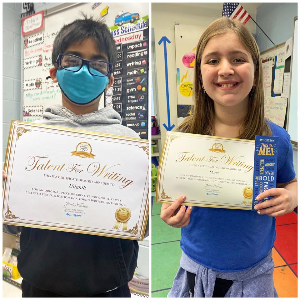 two poetry contest winners display their awards